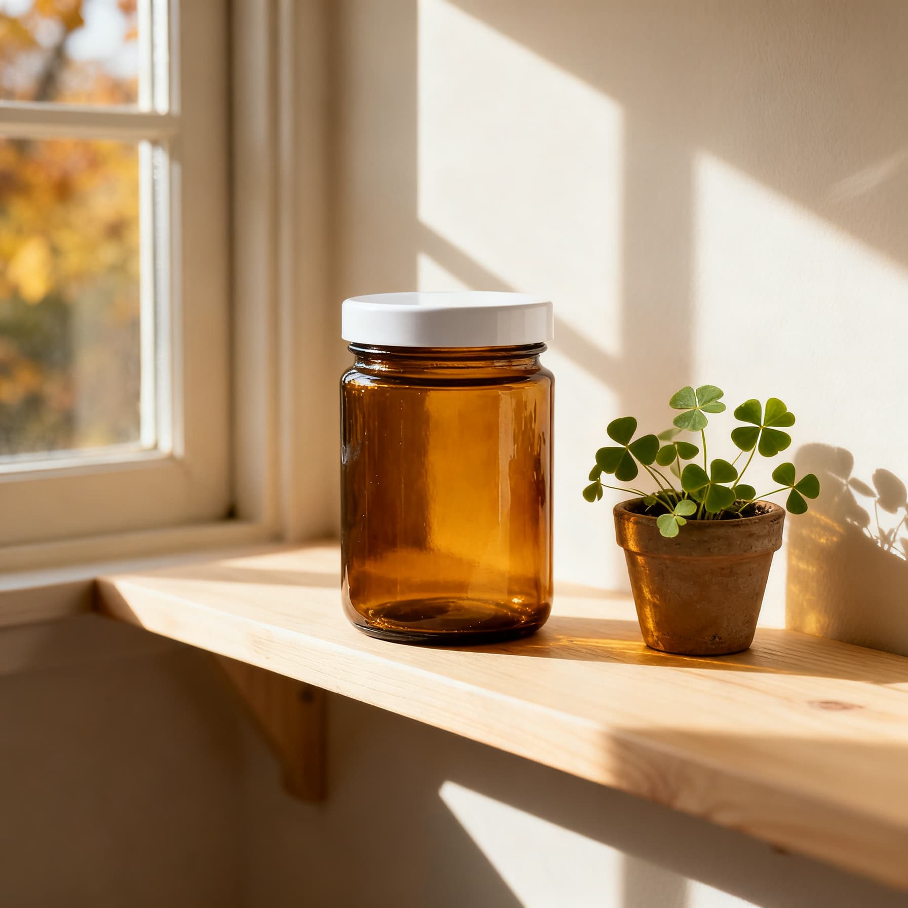 An unlabeled amber jar on a wooden shelf beside a small clover plant