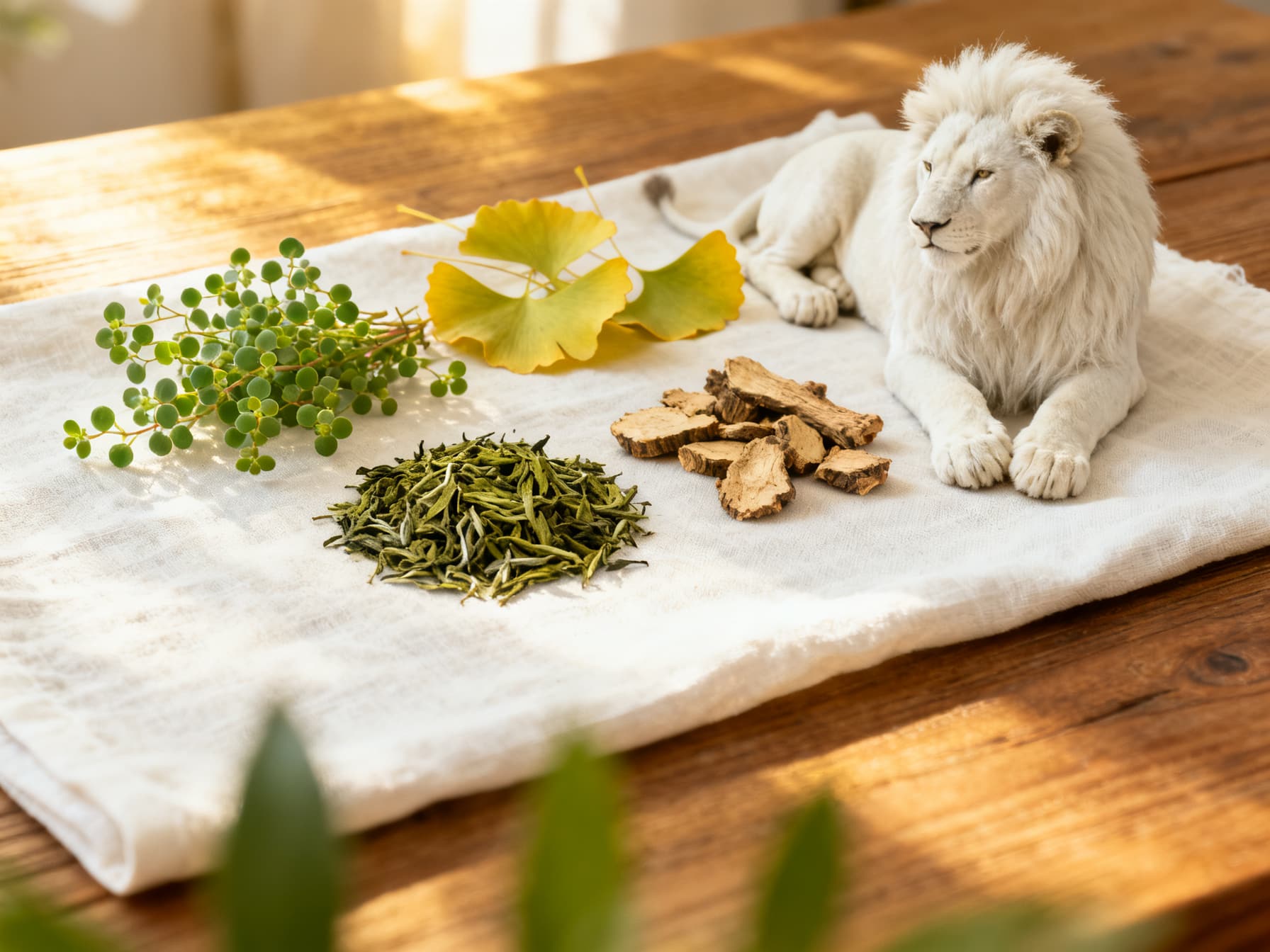 Bacopa sprigs, tea leaves, rhodiola root, ginkgo leaves and a lion