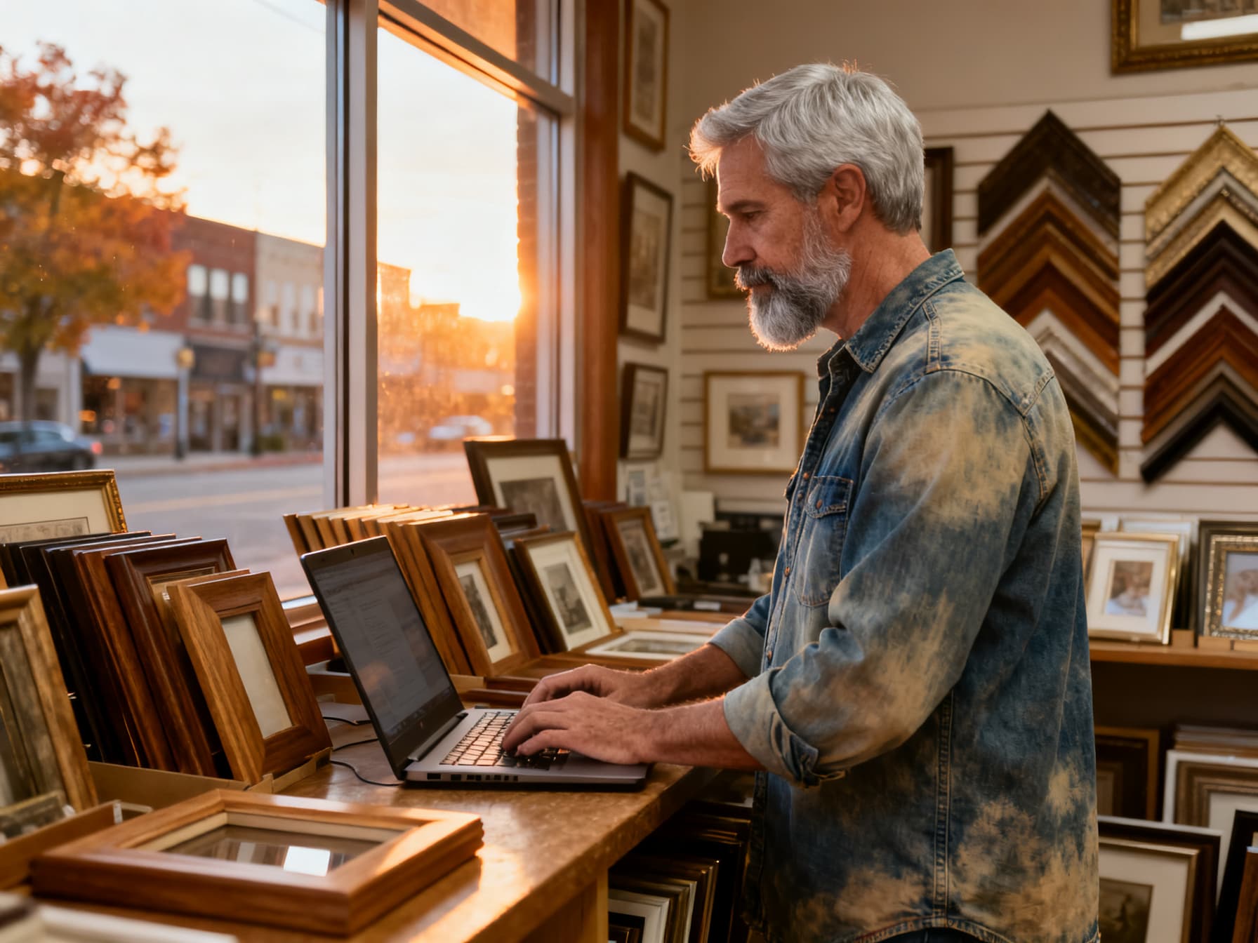 The same man typing on a laptop at the counter of his framing shop in the evening