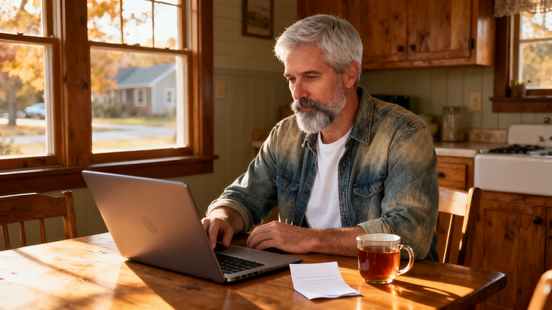 A man at his kitchen table with a folded ticket, a laptop and a mug of tea in late-afternoon light