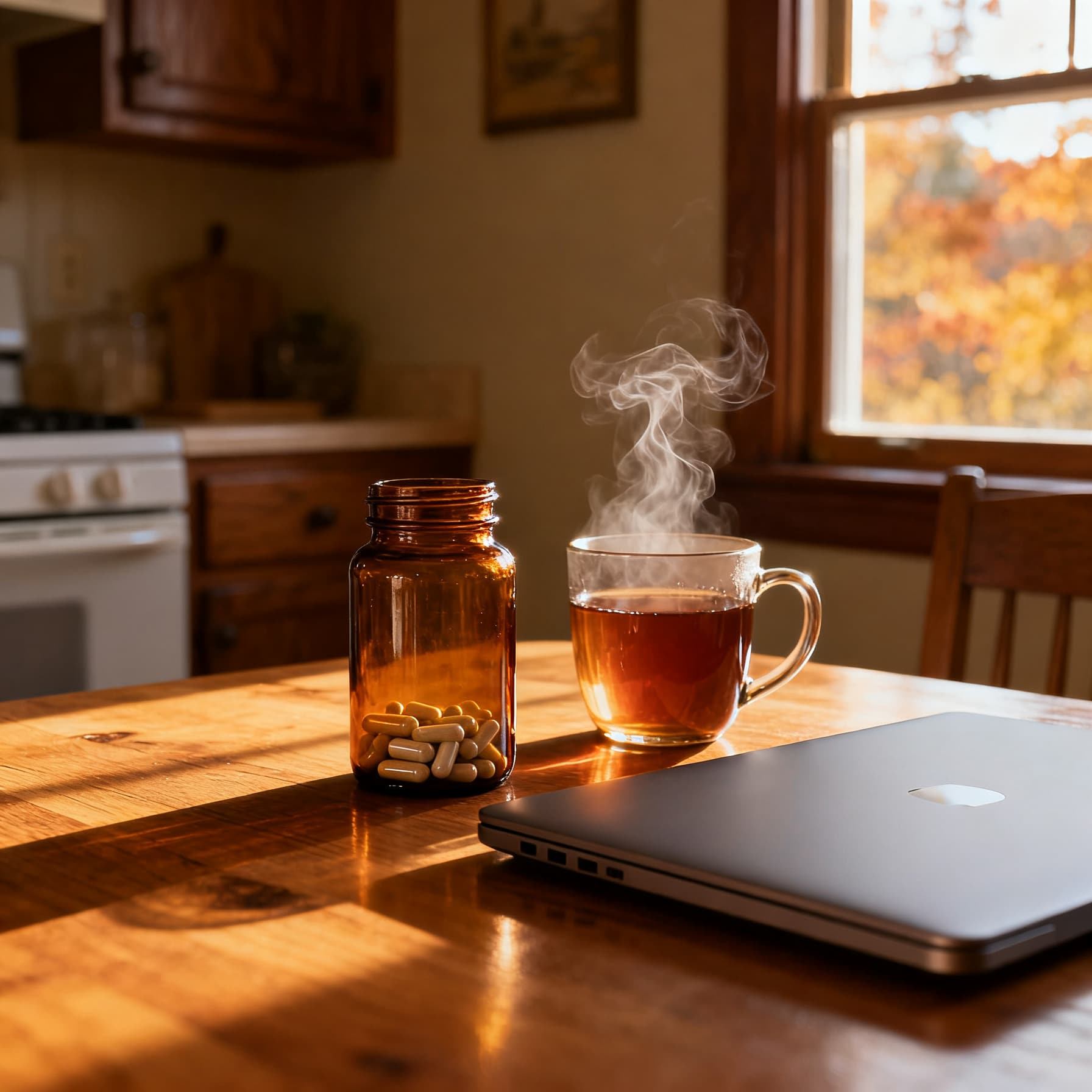 An unlabeled amber jar beside a mug of tea and a closed laptop on a kitchen table