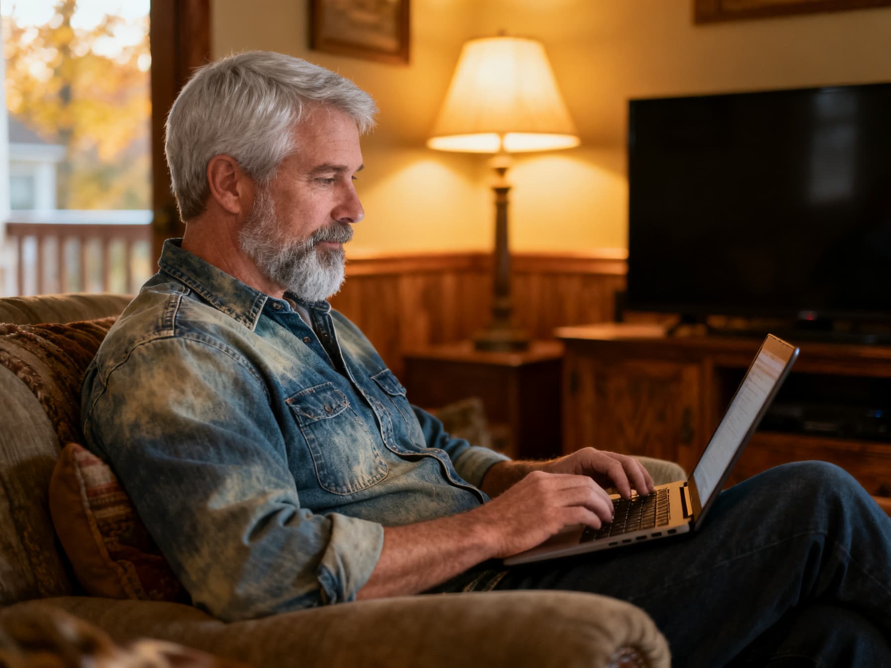 The same man on his sofa with a laptop in a lamp-lit living room